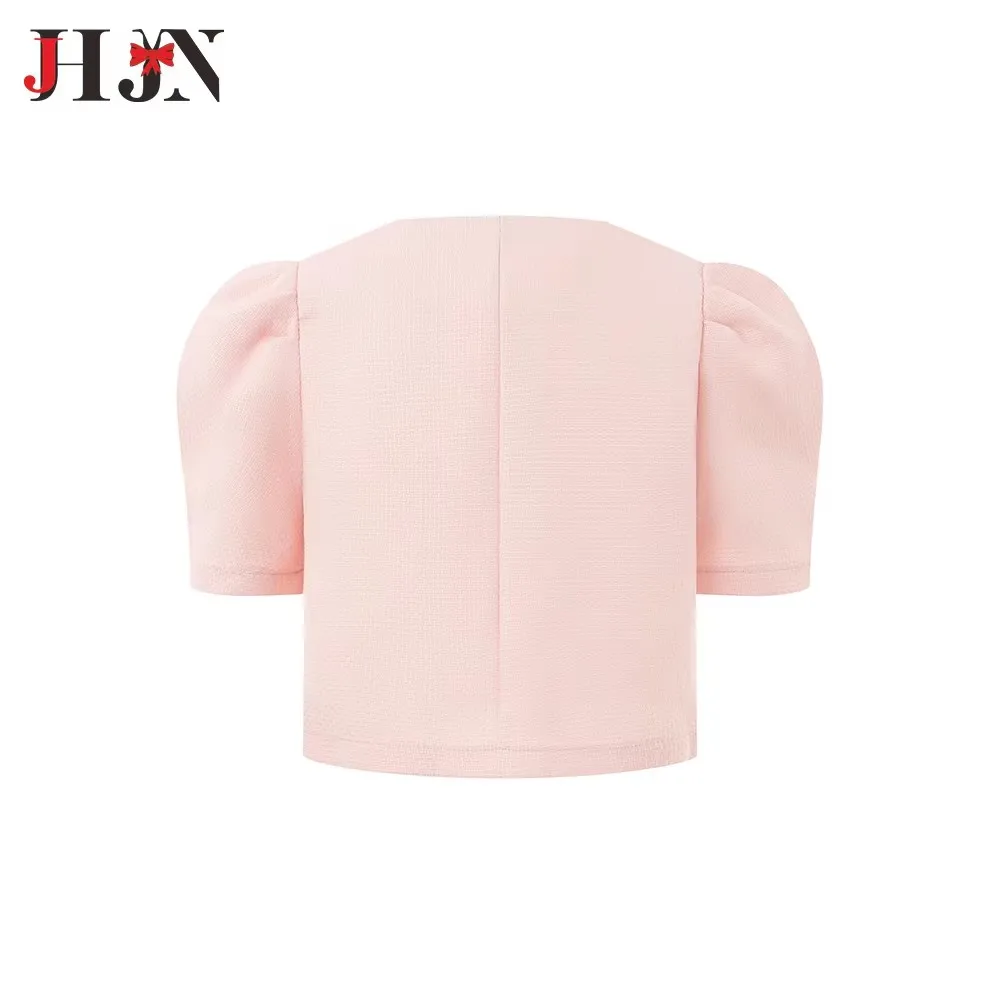 JHJN Pink Short Jacket Women's Fashion Style New Bubble Sleeve Rough Textile Blouse Short Sleeve Single Breasted Pearl Button