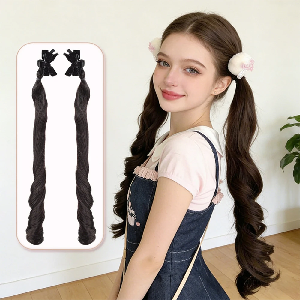

2 шт. синтетических накладных хвостов для волос, черно-коричневые, в стиле римских локонов, с эластичной резинкой, в стиле Лолита
