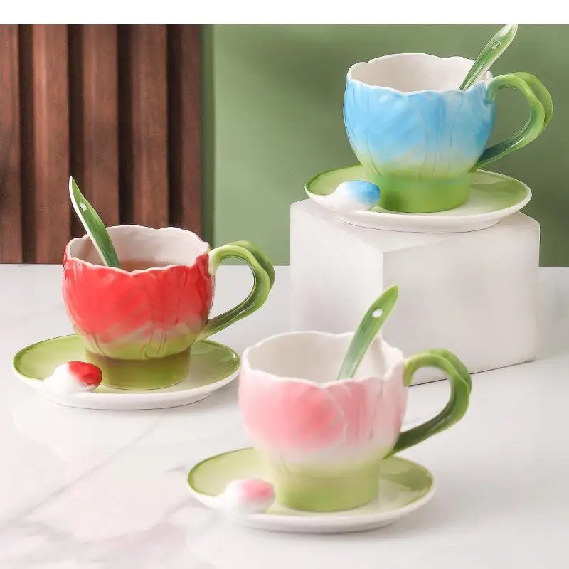 

Tulip Ceramic Mug Coffee Cup and Plate Set High Beauty Milk Tea Breakfast Cups Household Water