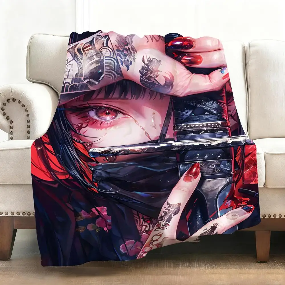 Anime Girl Samurai Throw Soft Flannel Blanket Warm Knee Skin-Friendly Throw for Sofa Office Bed Traveling Winter Oversize