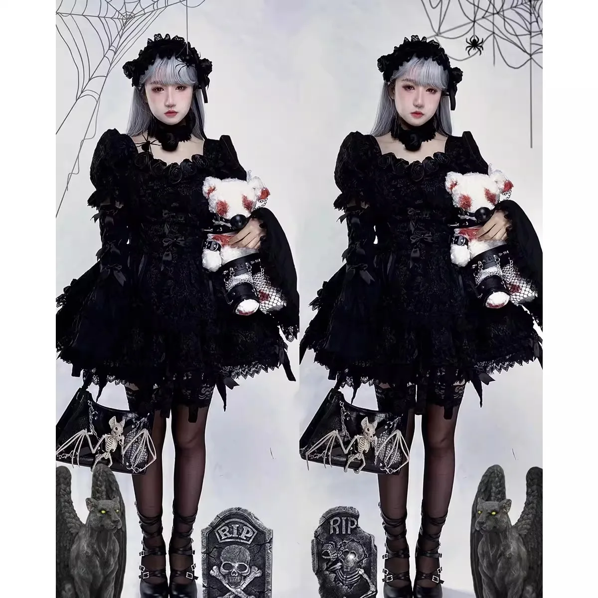 

Kostum Cosplay wanita Lolita, gaun Gothic wanita hitam putih, Cosplay Halloween ukuran Plus, S-2XL