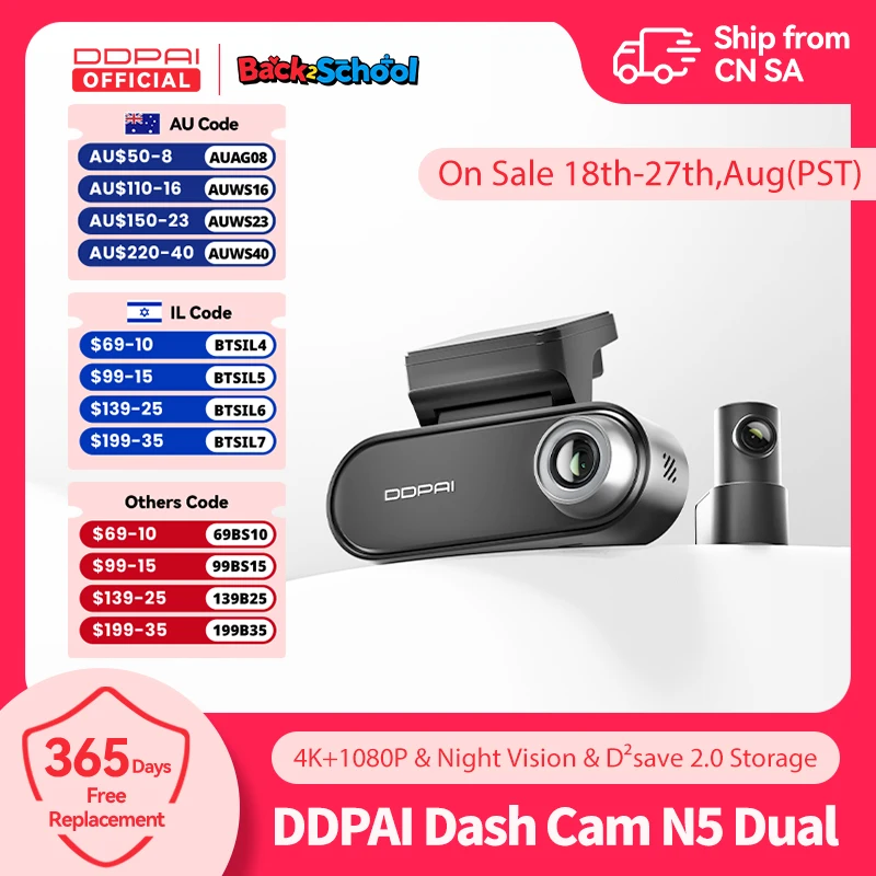 DDPAI 4K Dash Cam N5 Doppia telecamera da cruscotto anteriore e posteriore con risoluzione 4K UHD per auto DVR NightVIS ADAS GPS Registrazione automatica