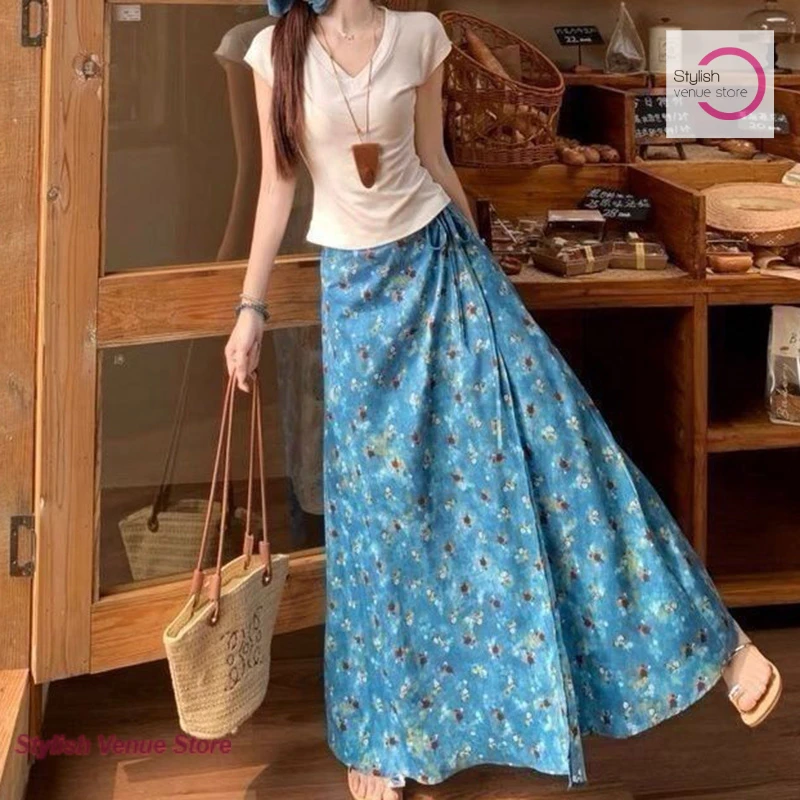 Korean blue oil painting floral skirt female summer high waist one-piece A-shaped big swing skirt French loose gentle dress