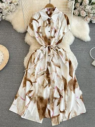 Summer Women Printed Midi Dress Vintage Turn-Down Collar Short Sleeve High Waist Single Breasted A-Line Vestidos Female Robe New