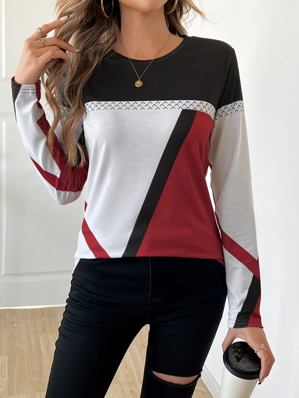 Women's 3D Printed Geometry Print T-Shirt Fashion Long-Sleeved Round Neck Tops Daily Wear T-Shirts Spring Autumn Women's Clothes