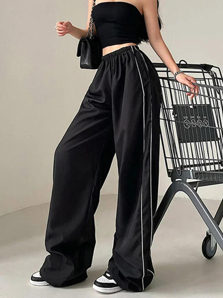 Y2K Women Streetwear Black Sweatpants High Quality Striped Patchwork Cargo Pants Retro Harajuku Korean Oversize Trousers