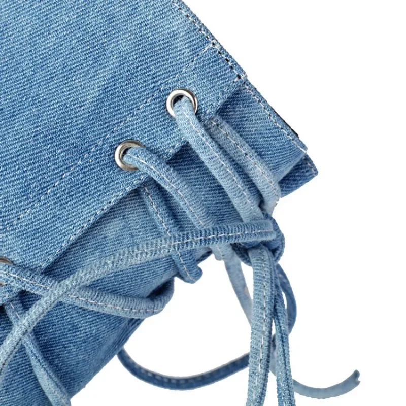 New Blue Denim Cross Strap Mid-calf Boots Autumn Winter Fashion Black 8cm High Heel Plush Warm Women's Long Boots Size 34-48 view 5