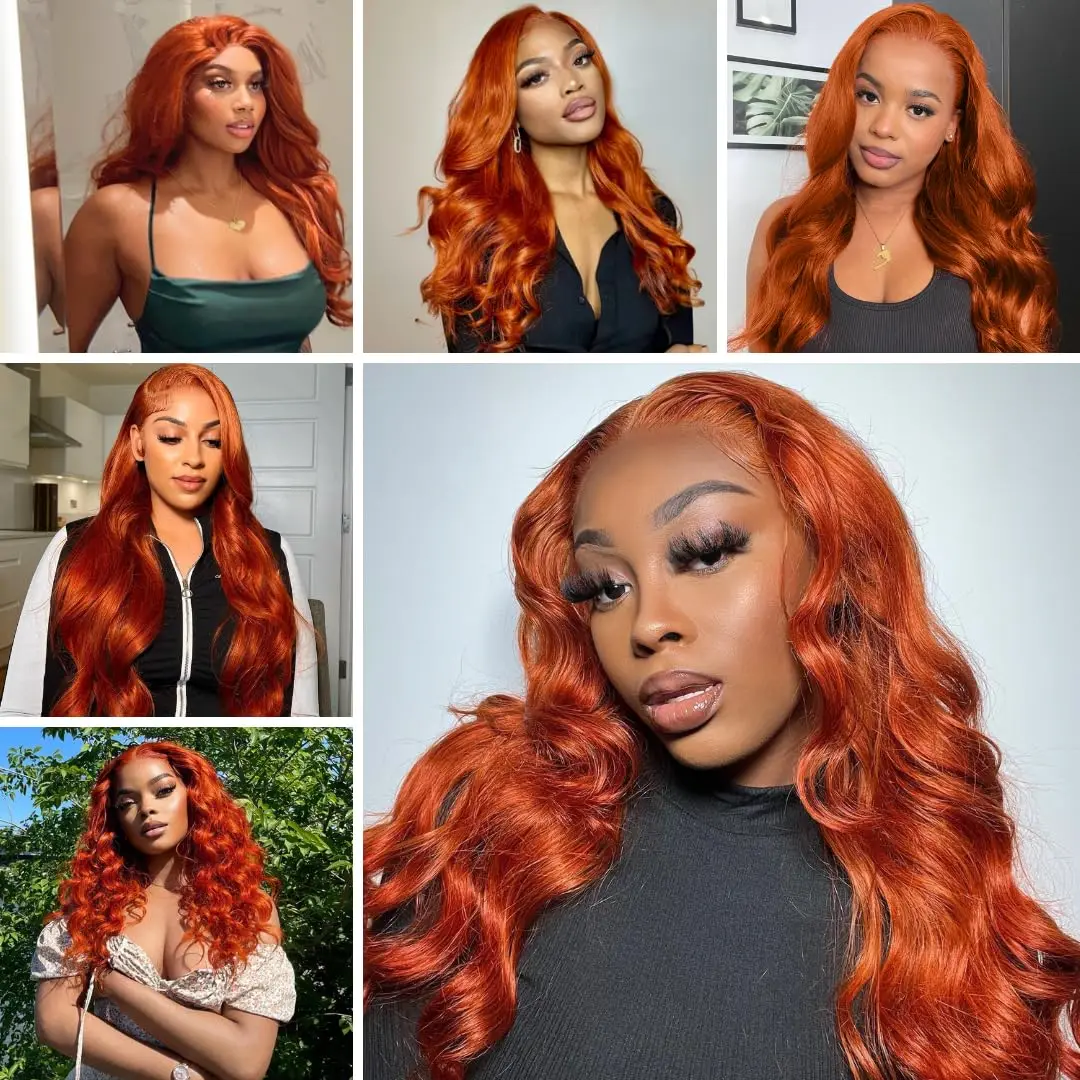 Perruque Lace Front Wig Body Wave Brésilienne Naturelle, Cheveux Humains, Couleur Orange, 13x4 HD, 13x6, 40 Pouces