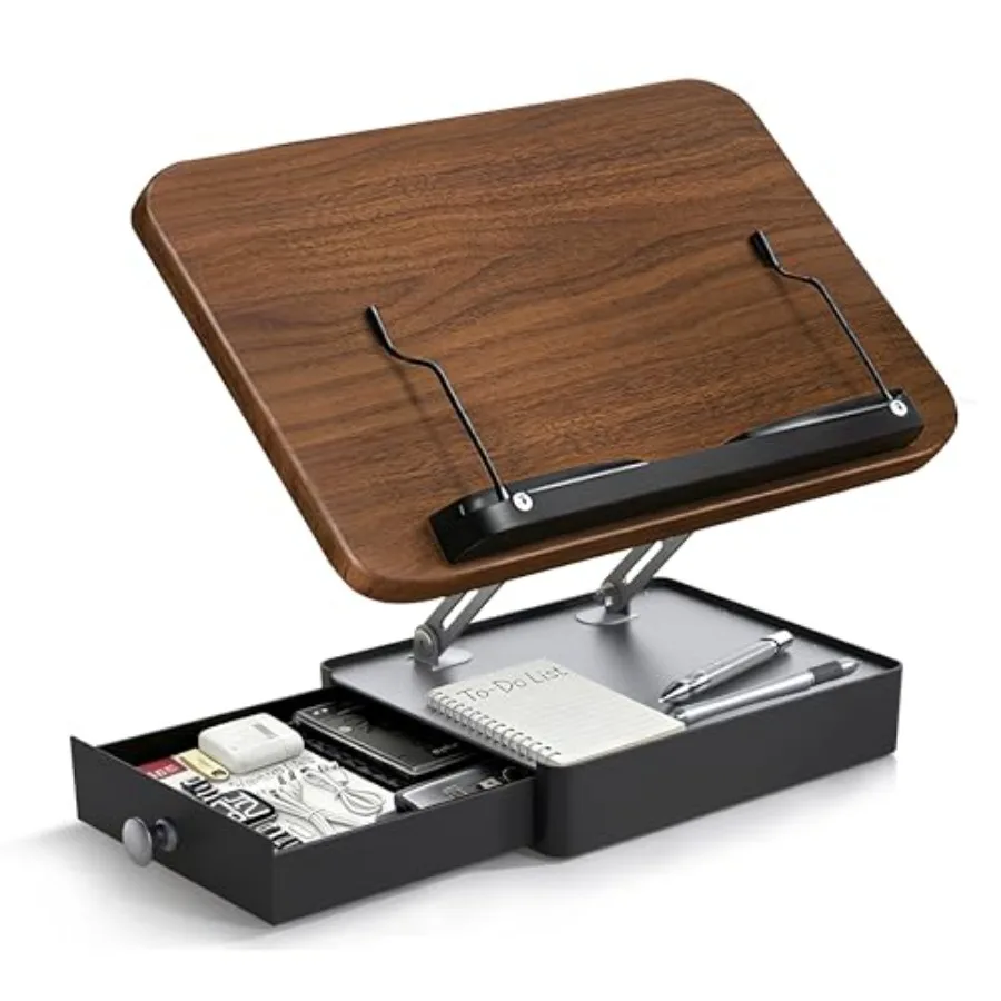 

Book Stand with Storage Drawer, Adjustable Wooden Reading Stand for Desk, Ergonomic Height and Angle Book Holder for Textbooks,