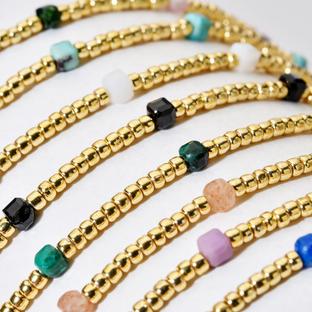 ZMZY 2MM Square Stone Bracelets Gold Color Beaded Stacking Elastic Stretch Handmade Fashion Jewelry Trendy Simple Women