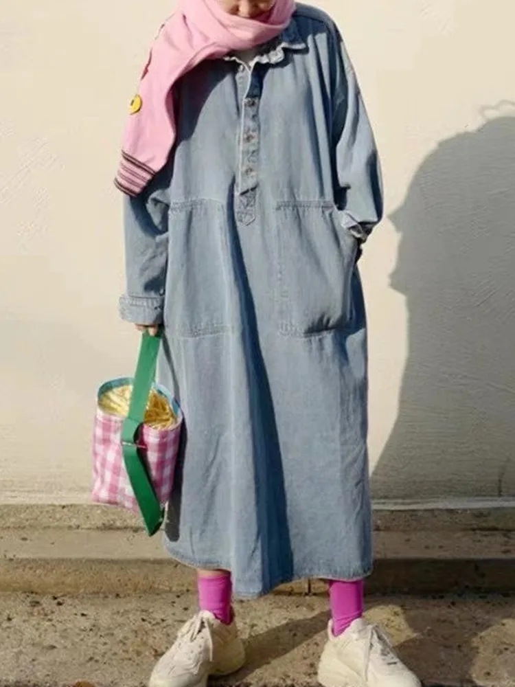 Korean Loose Drawstring Denim Dress Women Chic Split Women's Dresses Elegant Blue Pocket Dresses Korea