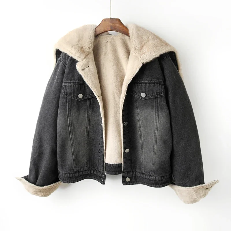 Faux Nerz Kaschmir Zipper Mit Kapuze Denim Jacke Frauen Vintage Cowboy Oberbekleidung Winter Dicke Lose Kurze Jeans Jacke Mantel Weibliche