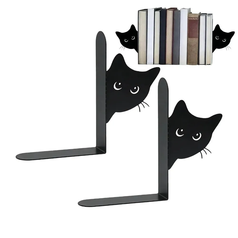 2Pcs Non-Slip Base Peeping Black Cat Bookend Decorative Stable Design Metal Bookend Multifunctional Book Stand