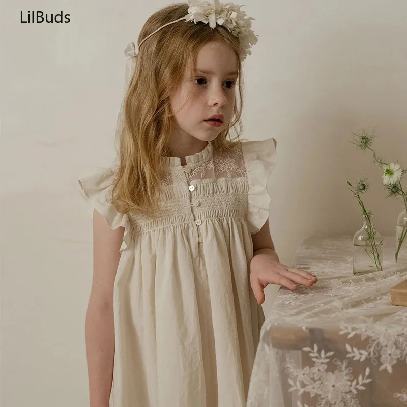 Cotton Hand-Embroidered Flying Sleeves Beige Clothes New Girls Handmade Smocking Dress Pure Birthday Prince Summer 2024