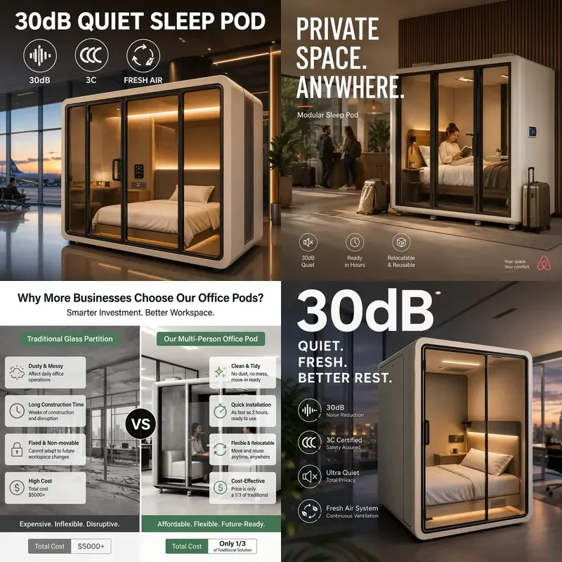 Soundproof Sleeping Cabin for Home Office Airport Hotel 30dB Noise Reduction Privacy Room Portable Quiet Space