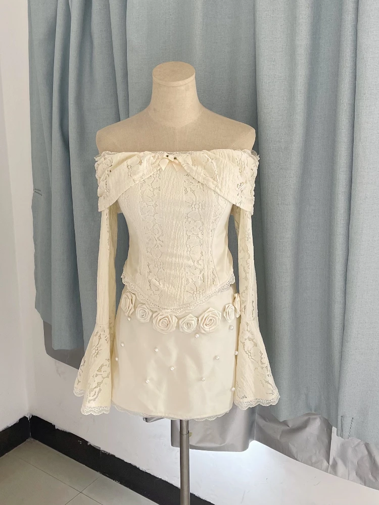 

Spring French Vintage Woman 2 Piece Sets Off Shoulder Design Tops+ Rose High Waist Chic Skirt Female Elegant Party Outfits 2025