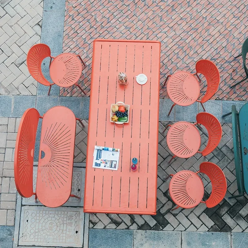 

Outdoor Terrace Table and Chair Combination Courtyard Garden Leisure Coffee Shop Milk Tea Shop Balcony Metal Bench