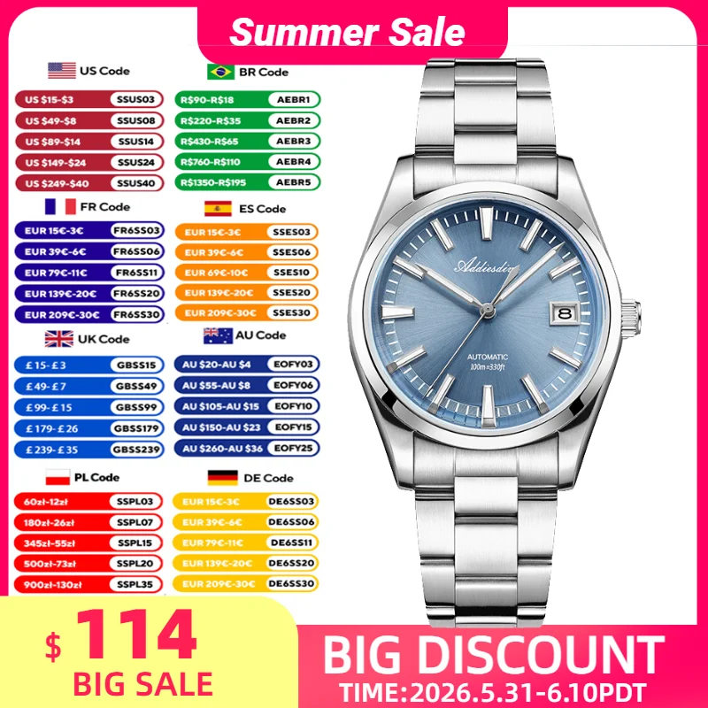 

ADDIESDIVE Watches Men 39mm NH35A Automatic Watch 10Bar Waterproof BGW9 Luminous Bubble Glass Stainless Steel Luxury Wristwatch