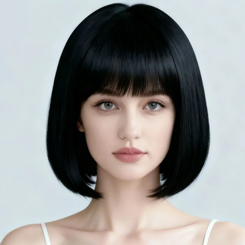 

Черный 12-дюймовый женский парик боб, прямой гладкий парик из синтетического высокотемпературного волокна, подходит для повседневного ношения на Хэллоуин
