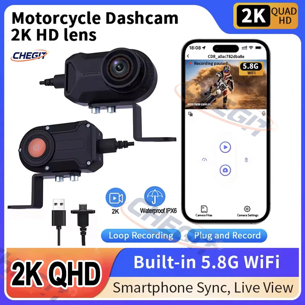 2026 2K HD Motorcycle Camera WiFi DVR Dash Cam IP65 Waterproof 140° Wide Angle with Loop Recording Moto Outdoor Riding Recorder