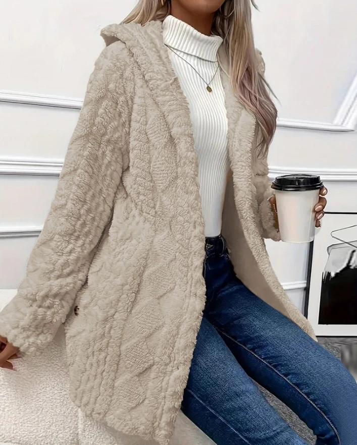 Women's Lazy Style Cardigan Autumn Winter Latest 2025 Argyle Textured Pattern Hooded Buttoned Fleece  Coat Open Front jacket