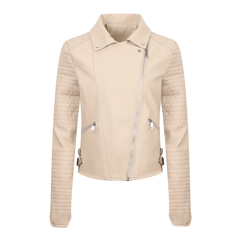 Maidangdi giacca in pelle da donna corta autunno e inverno in pelle PU lavata slim fit diagonale tuta da moto solid