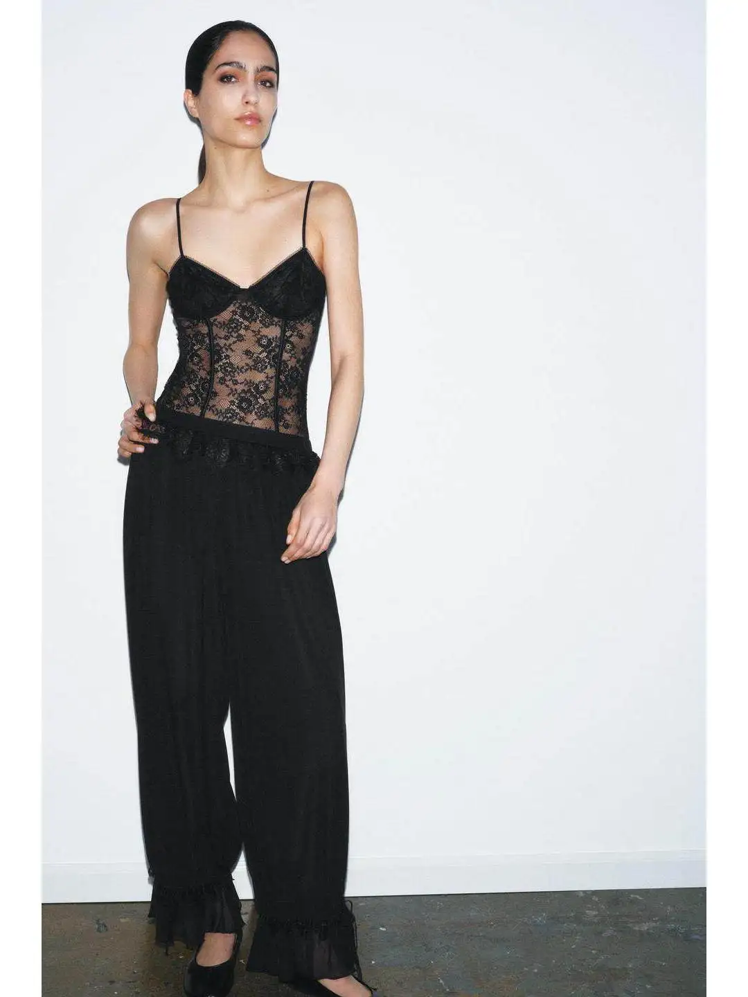 Elastic Waist Lace Lantern Wide Leg Pants mid Waist Spring New Style Versatile Decorative Layered Women's Casual Trousers