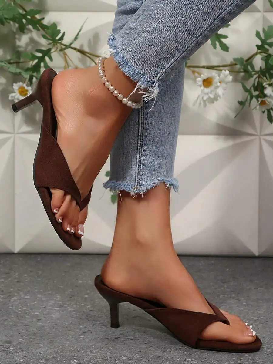 

Women Suede Kitten Heel Thong Sandals Open Toe Backless Slip-On Fashion Dress Shoes