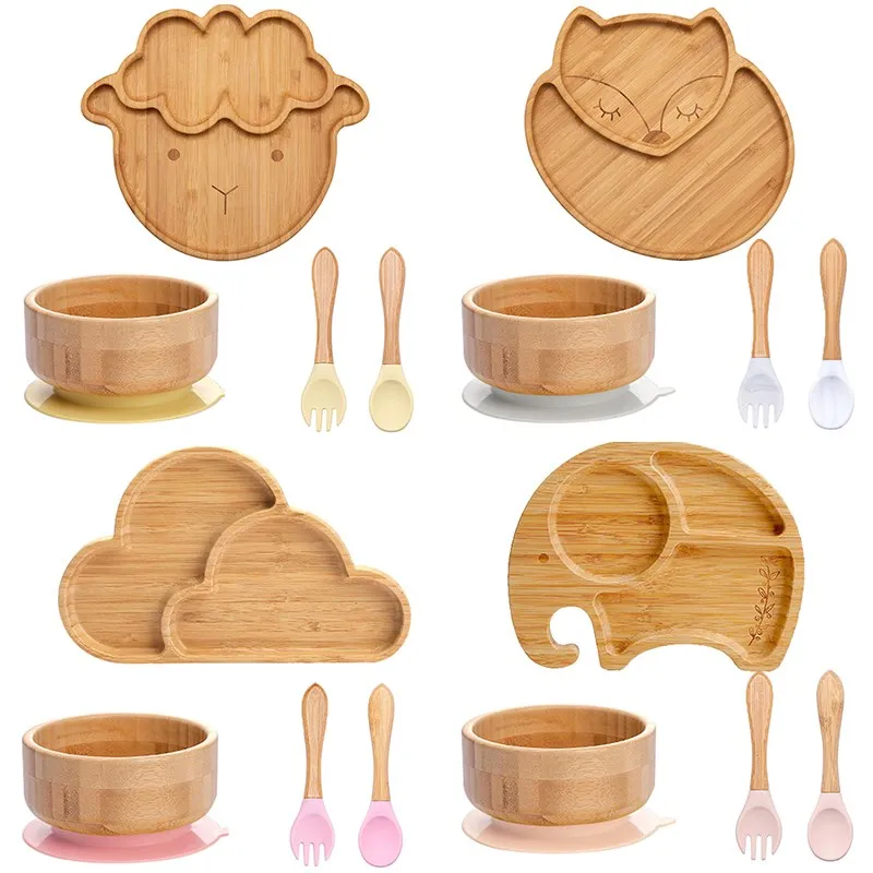 4pcs Children\'s Tableware Suction Plate Bowl Baby Dishes Baby Feeding Dishes Spoon Fork Sets Bamboo Plate for Kids Tableware