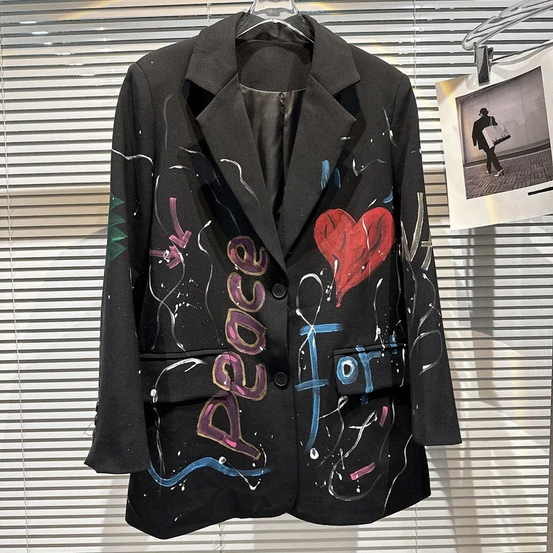 

Spring Autumn Colorful Letters Graffiti Pattern Loose Blazers Coat Shoulder Pad Suits Cardigan OL Turn Down Collar Streetwear