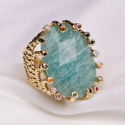 G-G Big Stone Ring Natural Green Amazonite New Fashion Gold Plated Rings Lady Gifts