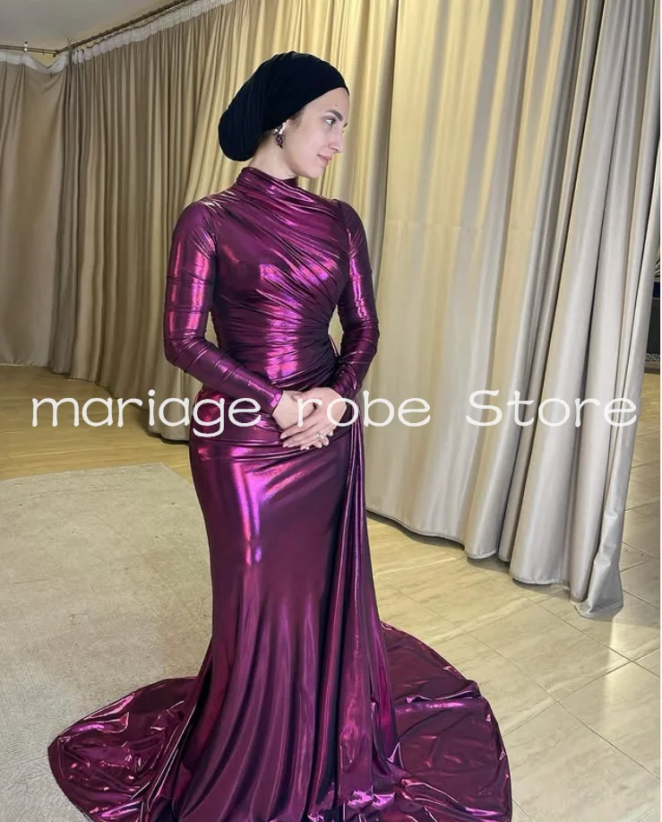 보라색 반짝 이는 인어 저녁 공식 드레스 Pleated High Neck 긴 소매 이슬람 Caftan Customsized Prom 가운 터키