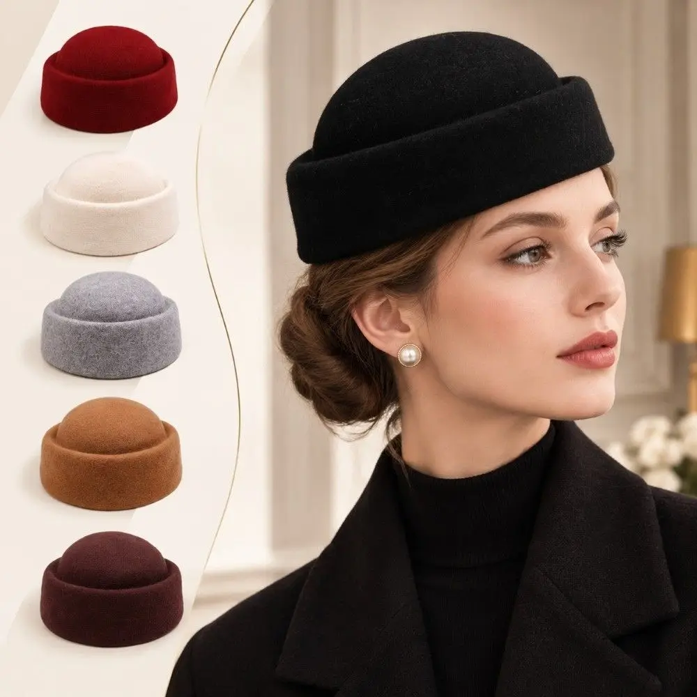 New Warm Insulation Dome Pillbox Hat Secure Fit Soft Texture Round Top Hat Wool French Hepburn Hat Mal Events