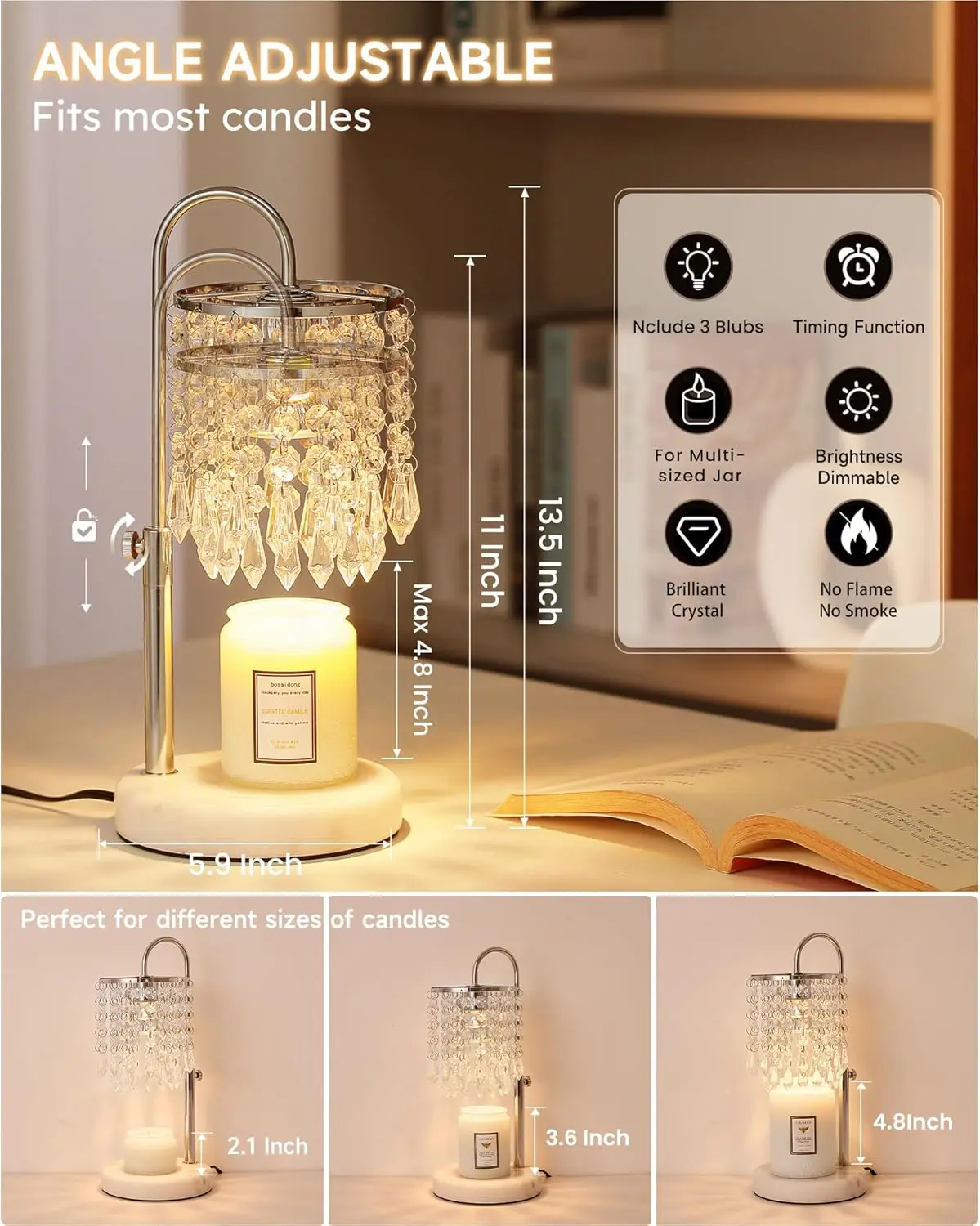 Lampada scaldacandele con timer, dimmer e 3 lampadine, scaldacandele con base in marmo per candele in barattolo, regali di compleanno per donne