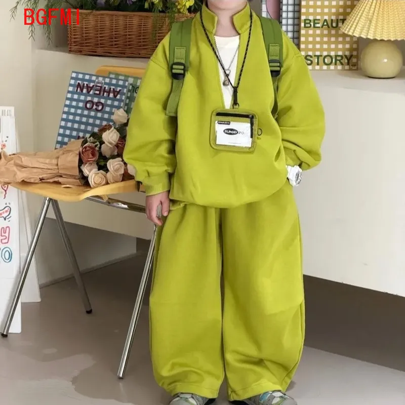 Children's Composite Cotton Korean Set for Boys Girls 2026 Spring Autumn New V-neck Fake Two-piece Top + Sports Pants 2pcs Set