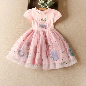 Elsa Princess Party Dress for Girls 4 Girls Dress Cartoon Summer Frozen Fashion Children's Elsa Princess Baby Girl Toddler Short Sleeve Cute Party Dresses 3-9Y 4