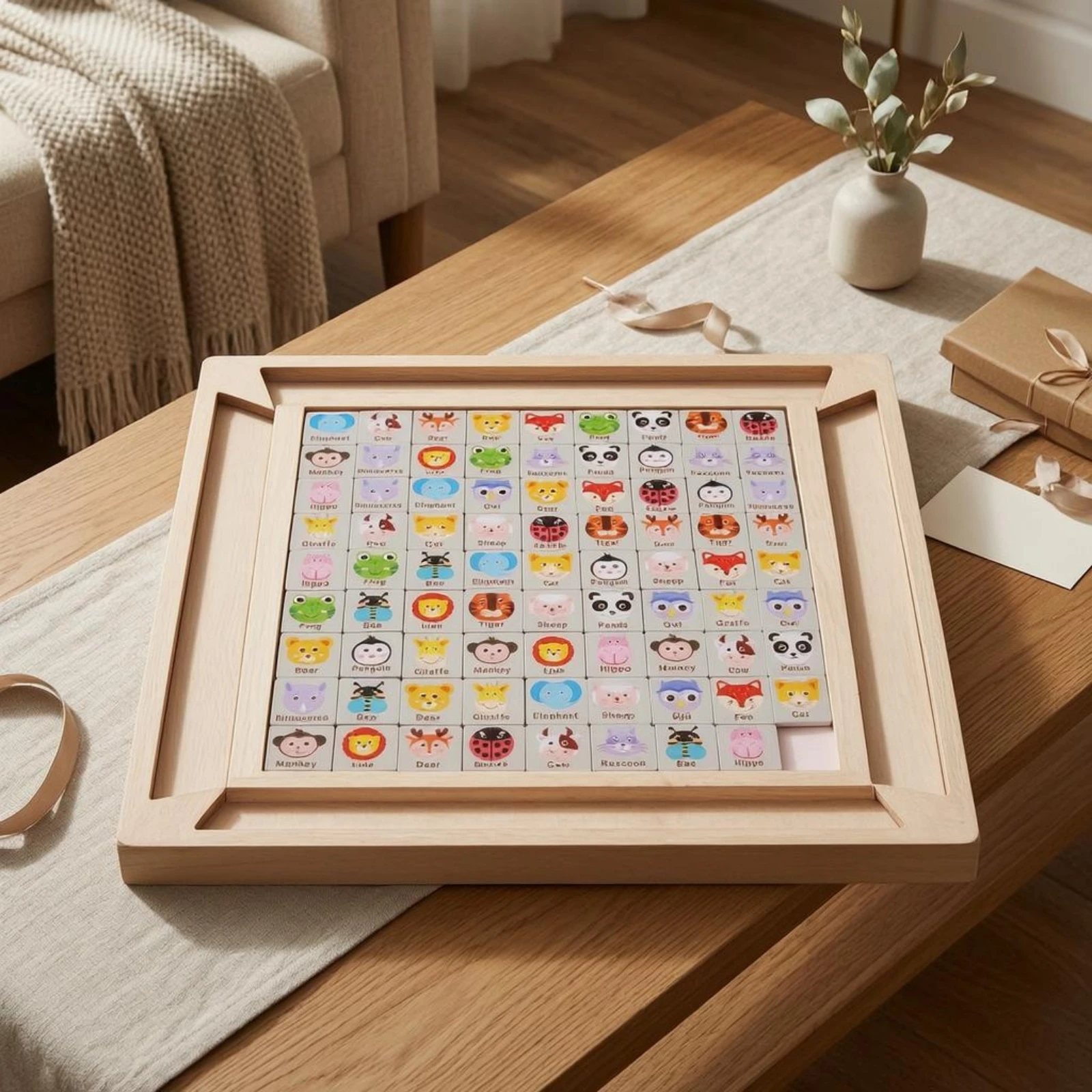 Wooden Matching Puzzle Removable Tiles Pair Matching Puzzle Kids Toy Smooth Finish Light Wood for Tabletop