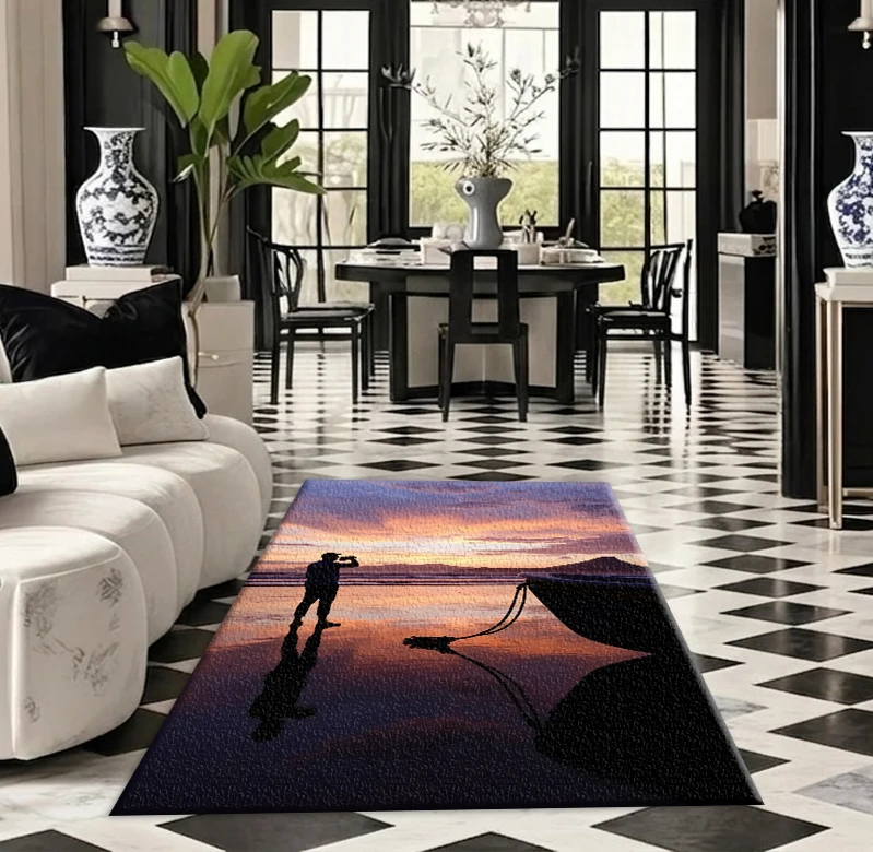 Sunset Beach Sea View Silhouette Scenery Carpet Romantic Ocean Dusk Scenery Printed Square Carpet for Home Decoration