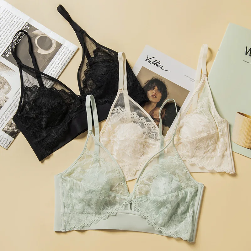 Blumenspitzen-BHs für Damen, gepolsterte BHs, BHs ohne Bügel, einfarbige BHs mit Spitze, BHs mit festen Körbchen, Unterwäsche, sexy Dessous. – Detail 5