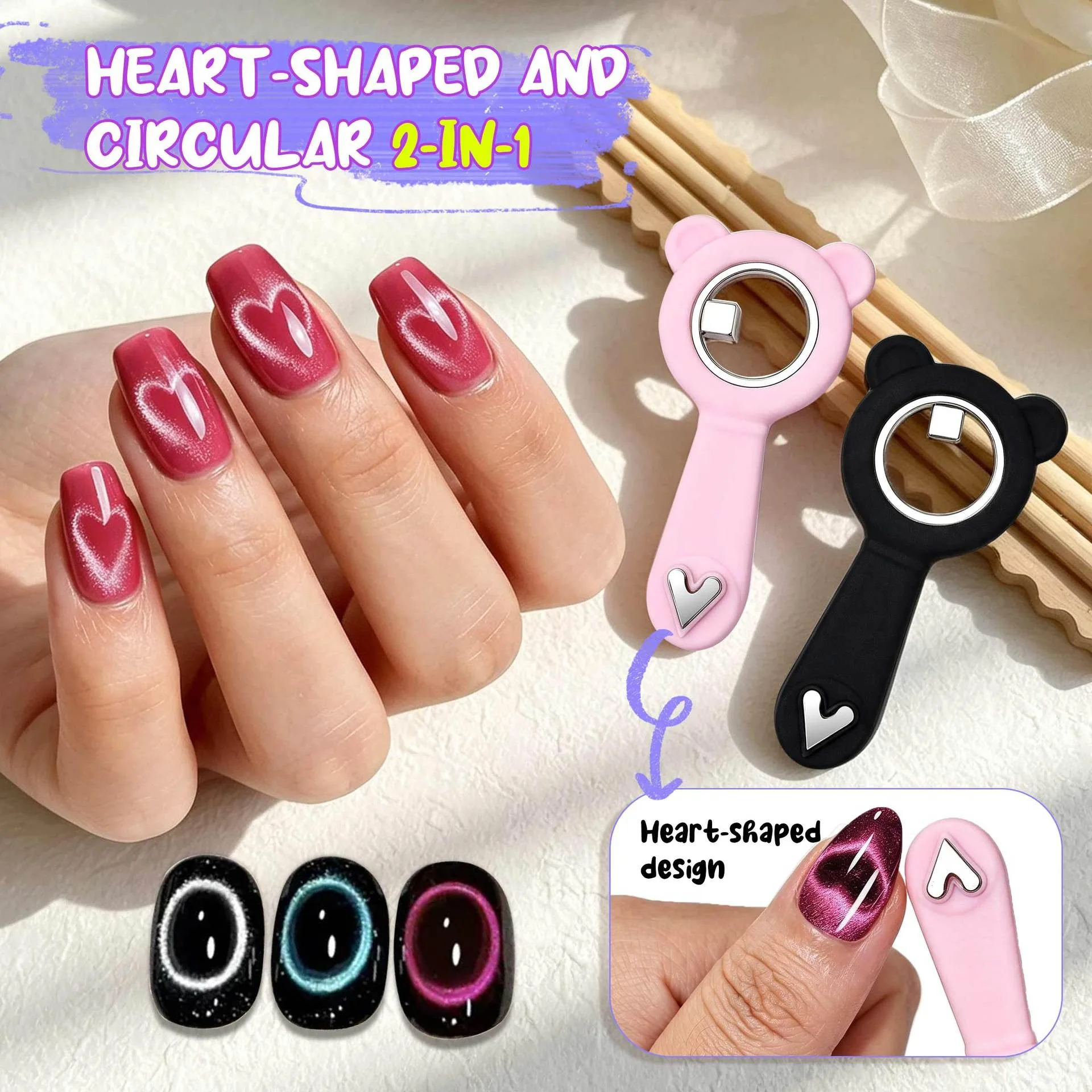 YIKOOLIN 2 In 1 Cute Bear Cat Eye Magnet Dual End Heart Shape Magnetic Stick for Cat Eye Gel Nail Polish DIY Manicure Salon Tool view 4