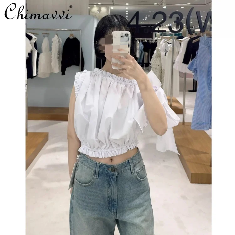 Japanese 2025 Summer Women's Personalized Off-shoulder Pleated Fungus Bow Asymmetrical Short Shirt Top Black and White Blouse