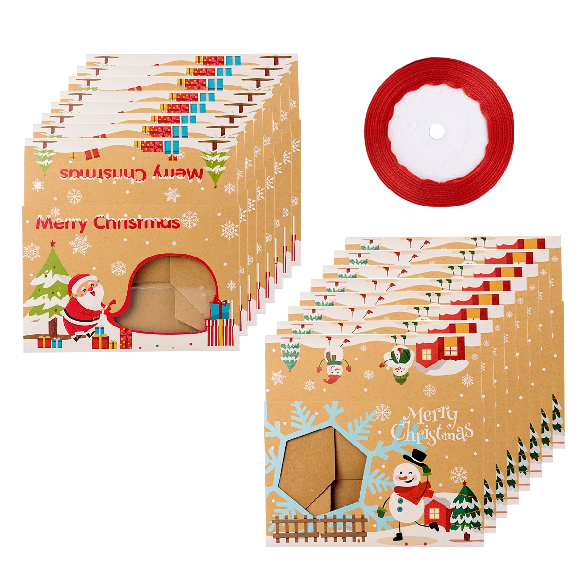 Hemoton 16pcs Christmas Cookie Boxes Kraft Paper Boxes with 1 Roll/22m Ribbons Gift Candies Boxes for Christmas Party Holidays B