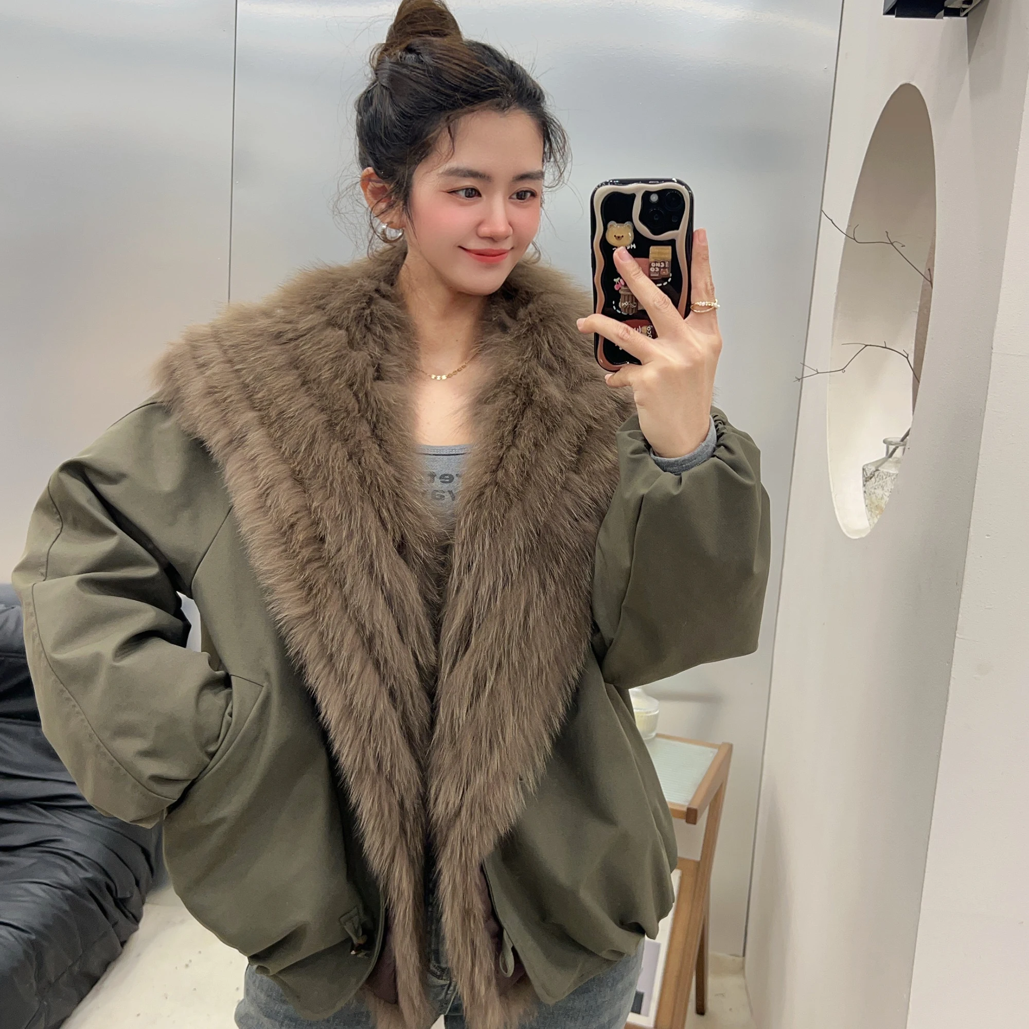 

Trendy Fur Collar down Parka Women's Coat Detachable Goose down Inner Casual Sle Loose Fit Mid-Length No Hat