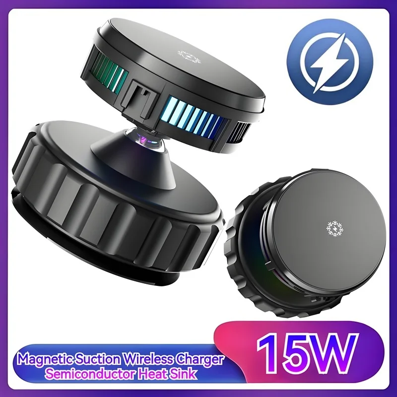 

Магнитное беспроводное зарядное устройство мощностью 15 Вт с присоской, полупроводниковое охлаждение, RGB-подсветка, работает со всеми брендами, для автомобиля/кухни/тренажерного зала
