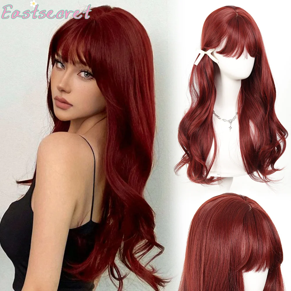 

EAST Synthetic Wig Seam With Bangs Big Waves Long Curly Hair Daily Holiday Wig Halloween Heat-resistant Wig Girl Raspberry Red