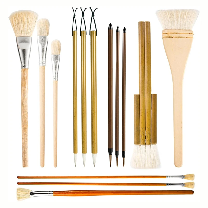 14Pcs Pottery Glaze Brushes, Wood Pottery Brushes Long Handle For Watercolor Pottery Oil Painting Students Kids Adults