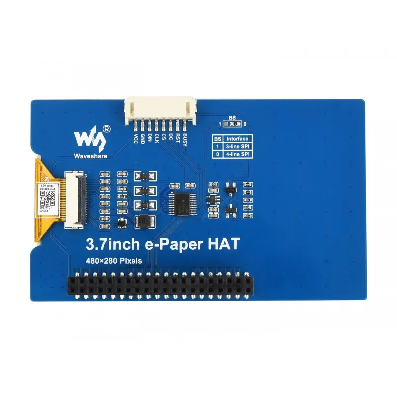 3.7inch e-Paper e-Ink Display HAT For Raspberry Pi, 480×280, Black / White, 4 Grey Scales, SPI