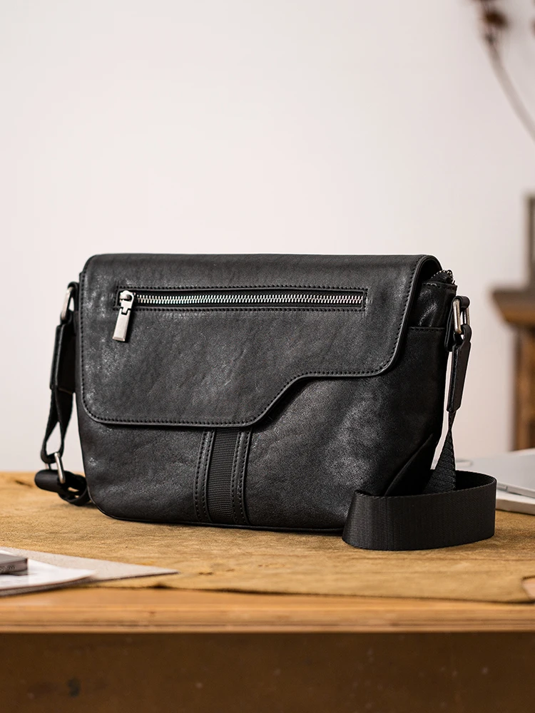 casual organizer designer first layer cowhide men's black messenger bag vintage travel handmade genuine leather shoulder bag