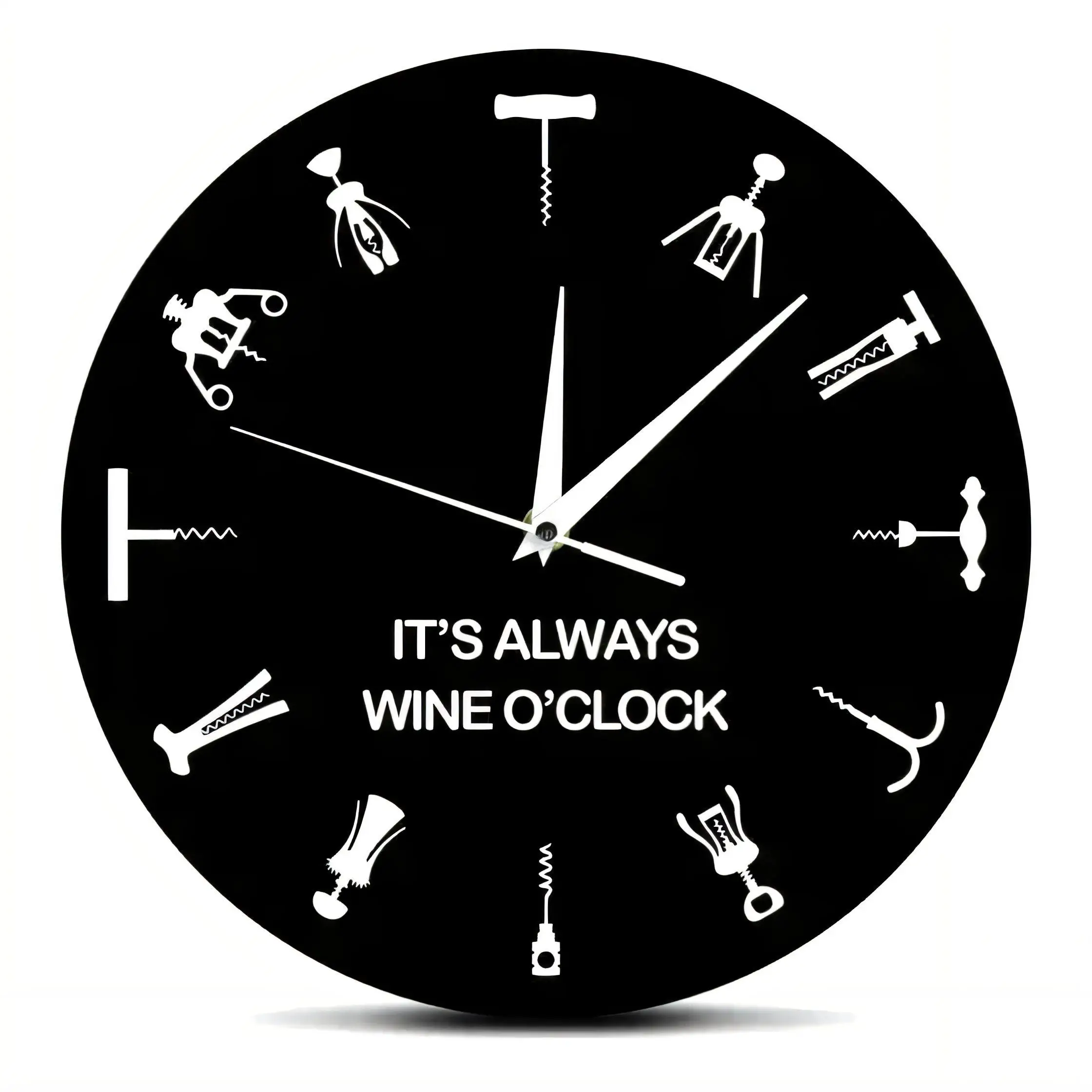 Modern Black Round Wall Clock  IT'S ALWAYS WINE O'CLOCK Silent Non Ticking Battery Operated Wine Bottle Opener Corkscrew Decor f