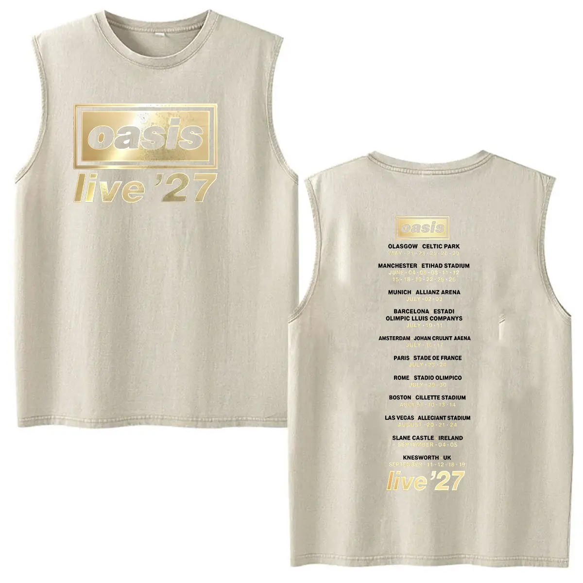 Vintage Washed Vest 100% Cotton T Shirt O-Oasis Live 2027 Tour Double Sided Print T-shirts Men Women Clothing Oversized T-shirt